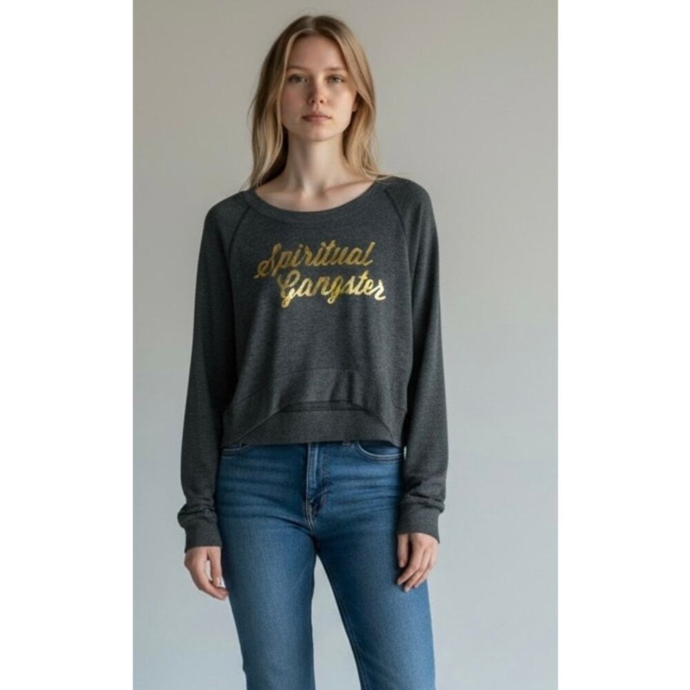 Spiritual Gangster Gray Gold Graphic Cropped Sweatshirt Size Large NWOT